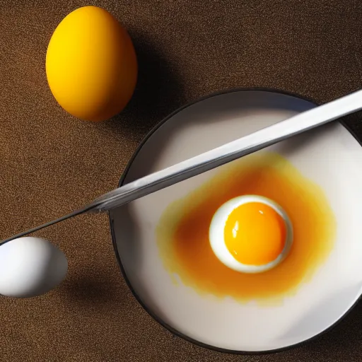 Image similar to a egg with yolk in a soup ladle, product render, octane, v ray, realistic