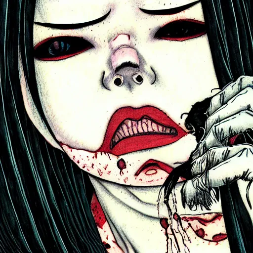 Image similar to a white girl withblack hair by junji ito, colored, realistic, horror