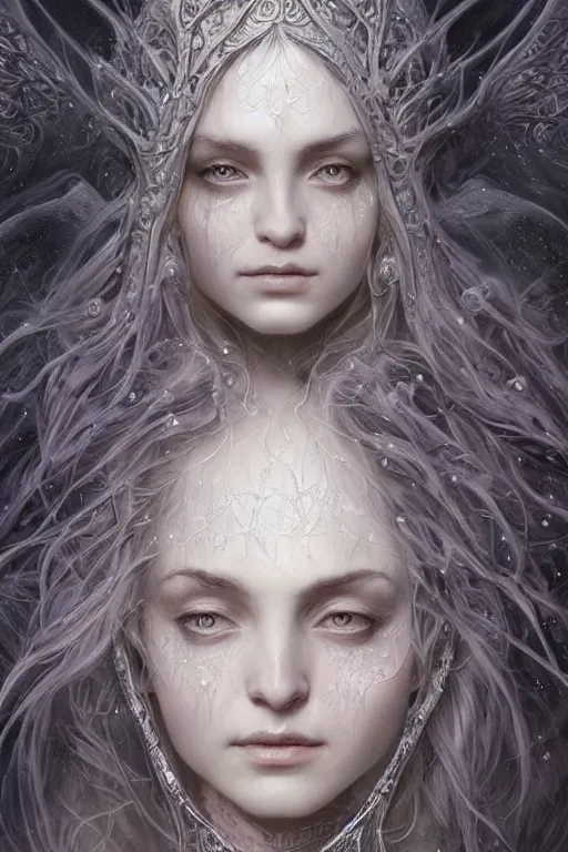 Image similar to realistic portrait of beautifully crystalized and detailed portrait of a elvish witch, matte painting of cinematic movie scene, dark fantasy, created by gustave dore and greg rutkowski, high detailed, smooth draw, synthwave neon retro, intricate, realistic proportions, dramatic lighting, trending on artstation.