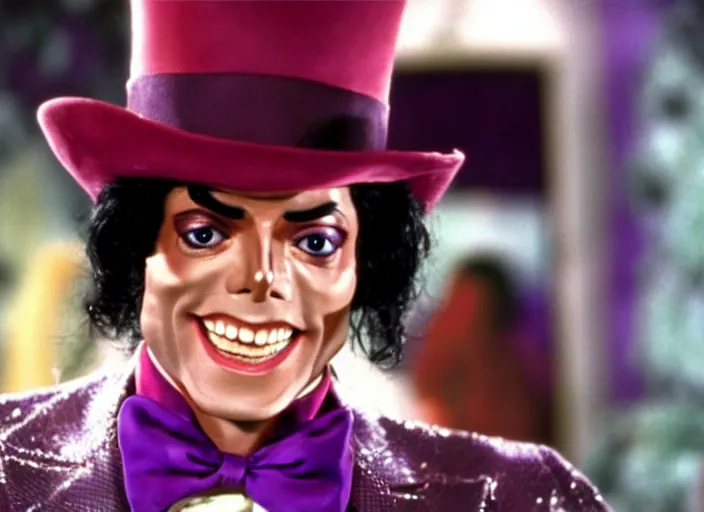 Prompt: film still of Michael Jackson as Willy Wonka in Willy Wonka and the Chocolate Factory 1971