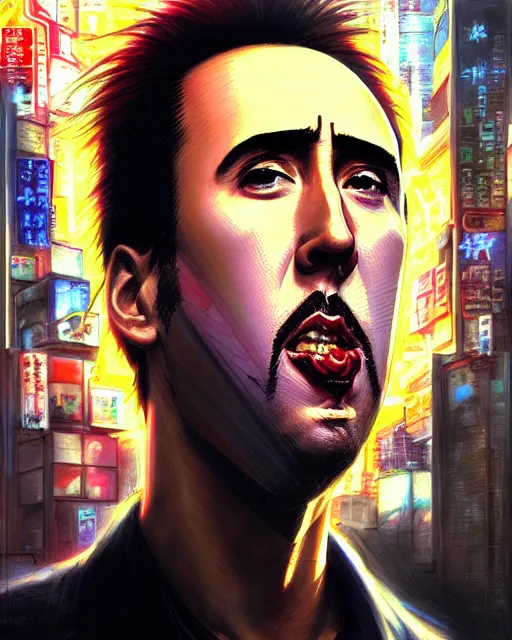 Prompt: portrait Anime Nicholas cage eating burger smoking Sharp fine face, pretty face, realistic shaded Perfect face, fine details. Anime. cyberpunk realistic shaded lighting by katsuhiro otomo ghost-in-the-shell, magali villeneuve, artgerm, rutkowski Jeremy Lipkin and Giuseppe Dangelico Pino and Michael Garmash and Rob Rey