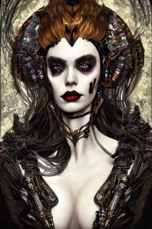 Prompt: portrait of beautiful gothic Margo Robbie, cyberpunk, Warhammer, highly detailed, artstation, illustration, art by Gustav Klimt