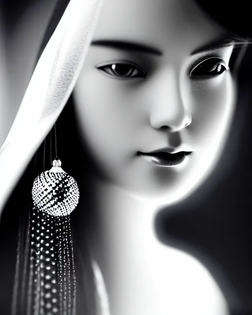 Image similar to black and white dreamy young beautiful veiled female artificial intelligence, realistic pearl ornament in the face, long hair are intricate with highly detailed realistic pearls, cinematic, rim light, bokeh, photo - realistic, elegant, high detail, 8 k, masterpiece, photo taken in 1 9 3 0