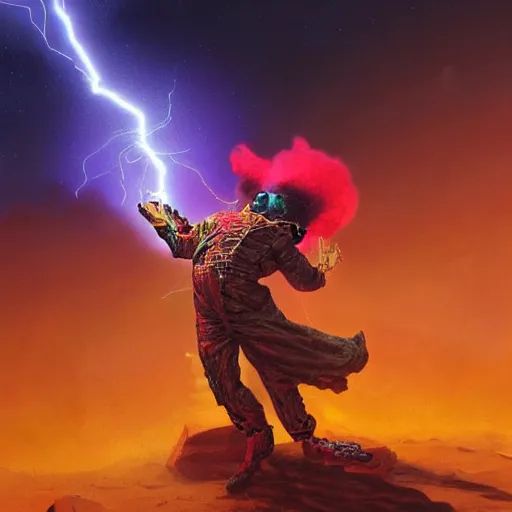 Image similar to UHD closeup of a Photorealistic cosmic clown playing sparking electric guitar in a lightning storm on Mars, with a cool pose, by Antonio Caparo and Ferdinand Knab and Greg Rutkowski, UHD, photorealistic, trending on artstation, trending on deviantart