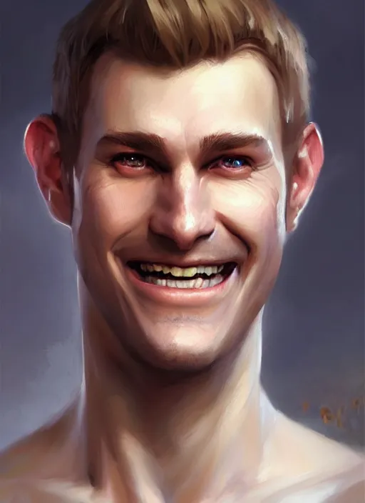 Image similar to a _ fantasy _ style _ portrait _ painting _ of white male short fringe light brown hair short face grinning, rpg dnd oil _ painting _ unreal _ 5 _ daz. _ rpg _ portrait _ extremely _ detailed _ artgerm _ greg _ rutkowski _ greg