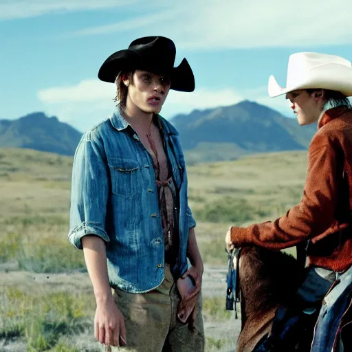 Prompt: Jamie Campbell Bower and Eddie Munson in Brokeback Mountain (2005)