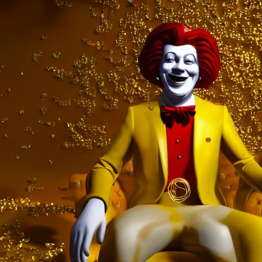 Prompt: A still of Ronald McDonald surrounded by gold and diamonds, Award-winning, photograph, 3d render, unreal engine, 4k detailed