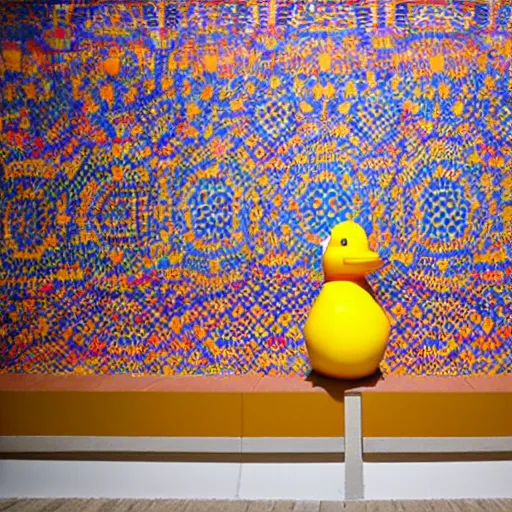 Prompt: wide shot, one! photorealistic rubber duck in foreground on a pedestal in an cavernous museum, the walls are covered floor to ceiling with colorful geometric tessellated wall paintings in the style of sol lewitt, tall arched stone doorways, through the doorways are more mural paintings in the style of sol lewitt.