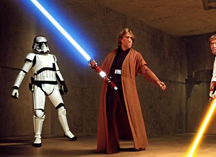 Prompt: screenshot from the film, Luke Skywalker faces off against unknown sith lord in electricity filled temple, 1970s film directed by Stanley Kubrick, Kodak color film, LUT, 4K, hyperdetailed, iconic scene, moody cinematography, anamorphic lenses