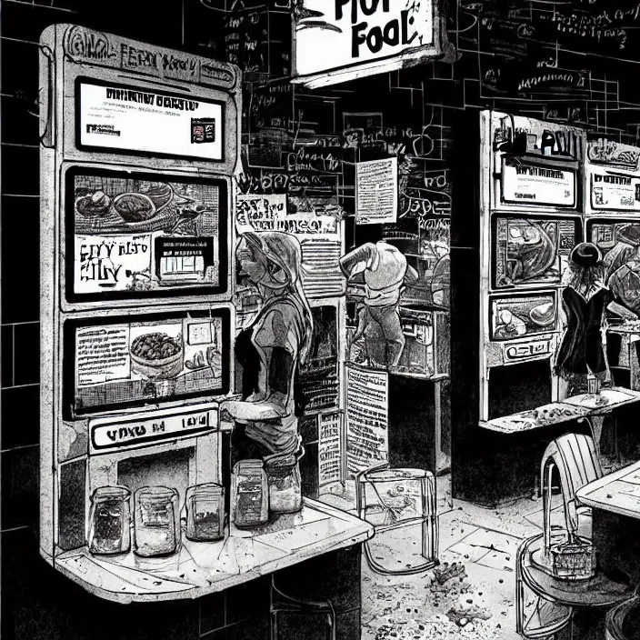 Prompt: poor quality food, water, and gruel : on a table. inside a dirty automated kiosk. bright tasty food options displayed on a wall. black tiles on walls. black and white, pencil and ink. by gabriel hardman, joe alves, chris bonura. cinematic atmosphere, detailed and intricate, perfect anatomy