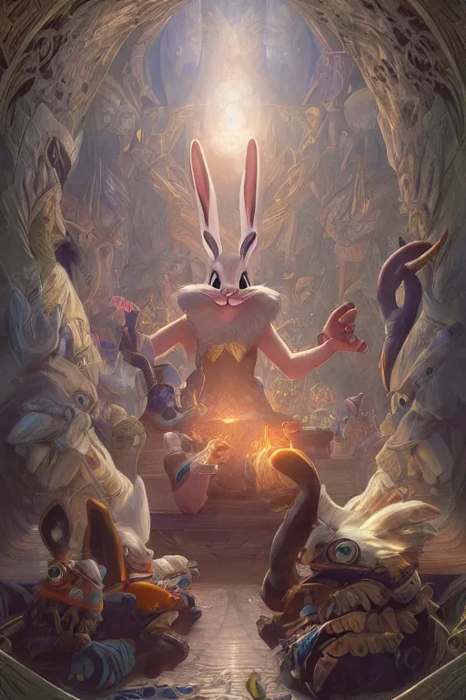 Image similar to cinematic stills of bugs bunny, deep focus, dmt acid trip, d & d, fantasy, intricate, elegant, highly detailed, digital painting, artstation, concept art, matte, sharp focus, illustration, hearthstone, art by artgerm and greg rutkowski and alphonse mucha