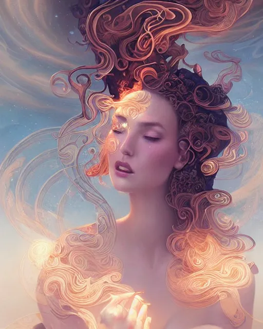 Image similar to Rose Gold intricate lace smoke portrait, swirling underwater polygon fantasy art by peter mohrbacher and artgerm, radiant halo of light