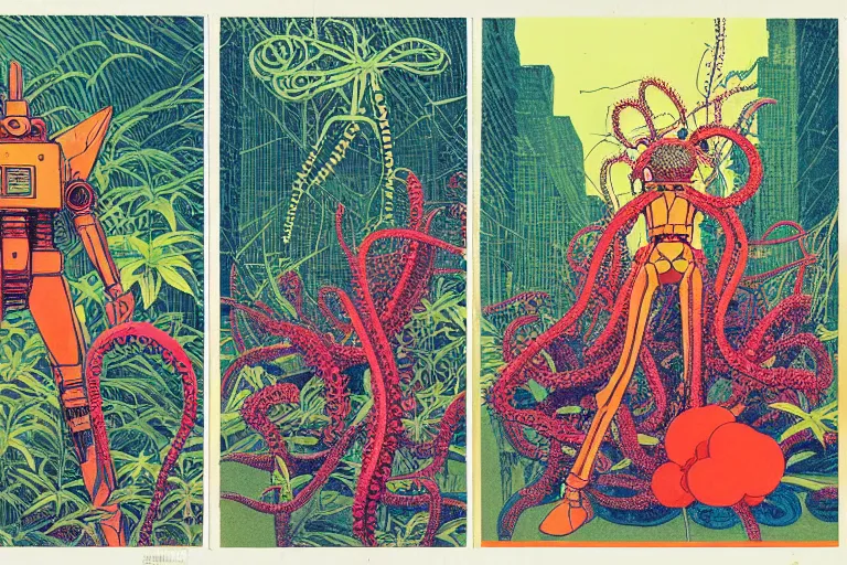 Image similar to risograph grainy drawing vintage sci - fi, satoshi kon color palette, gigantic gundam full - body covered with iridescent worms and plants 1 9 6 0, kodak, with lot tentacles and exotic flowers, natural colors, codex seraphinianus painting by moebius and satoshi kon and dirk dzimirsky