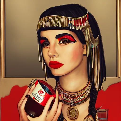 Image similar to a fancy portrait of cleopatra having a coca cola light during lunch break, concept art, detail, realistic, trending on art station, beautiful, colorful, dreamlike