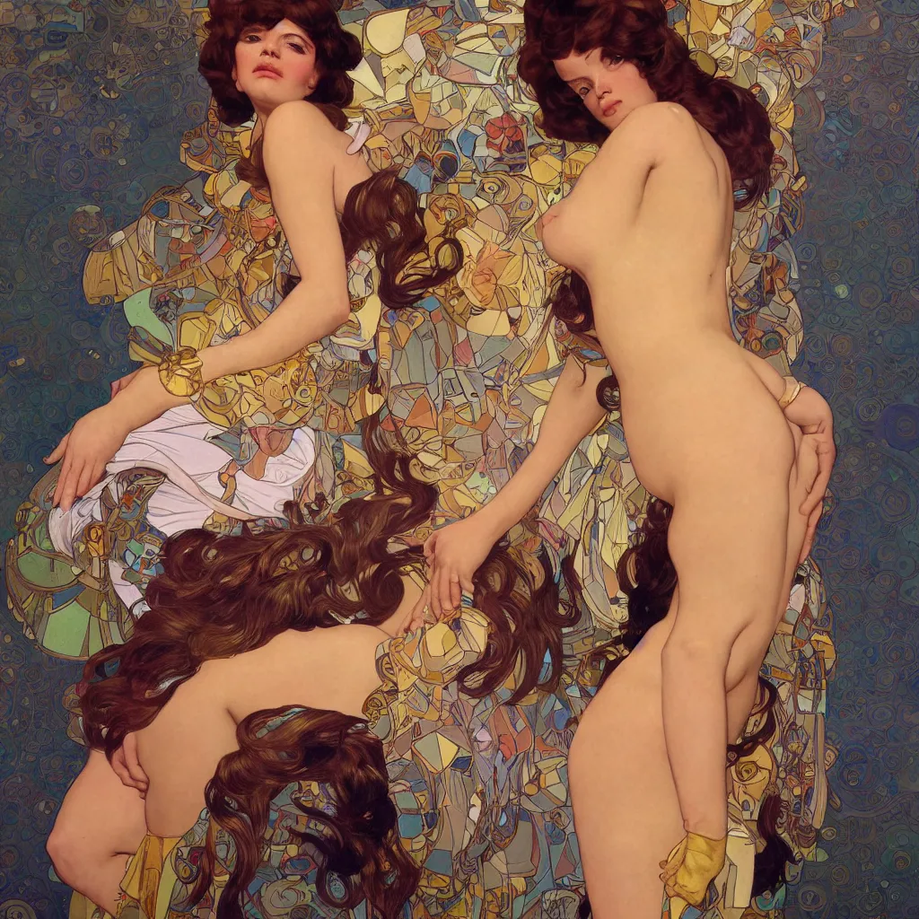 Image similar to modern woman | hyperrealistic | action pose | digital painting | trending on artstation | pinup portrait | clean | illustration | dressed | Unreal Engine 5 | 8k resolution | by Greg Rutkowski Alphonse Mucha Gustav Klimt and Mel Ramos