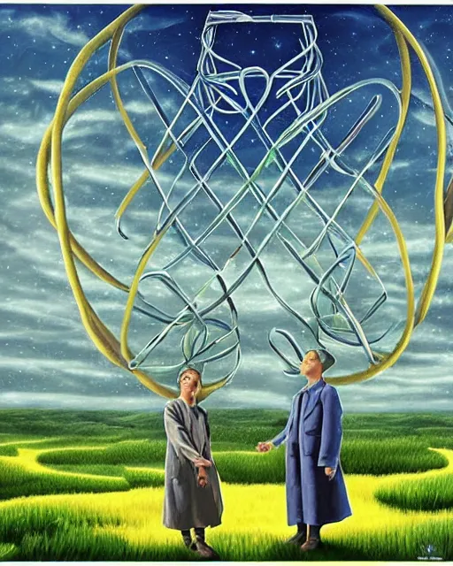 Prompt: in a field, two scientists in lab coats encounter a monster shaped like the DNA double helix, stormy weather, by Rob Gonsalves