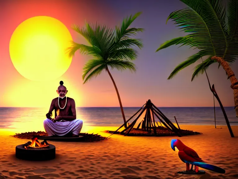 Image similar to gandhi sitting on a beach next to a campfire with palm trees in the back, holding a cigar, sunset, surrounded by animals parrot turtle lizard crab coconuts, glorious lighting, epic environment, highly detailed, digital art, hyper realistic