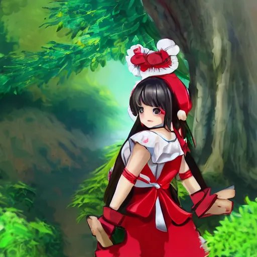 Prompt: a pixiv of reimu in the jungle wearing bonnet