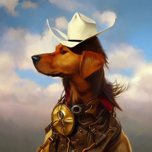 Image similar to Golden Retriever dressed as a cowboy, highly detailed, digital painting, artstation, concept art, smooth, sharp focus, illustration, art by artgerm and greg rutkowski and alphonse mucha