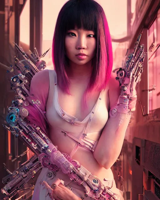 Image similar to portrait of a beautiful asian woman with pink hair as a cyberpunk cyborg, sci - fi, missing panels, intricate abstract upper body intricate artwork, concept art, octane render, deviantart, cinematic, key art, hyperrealism, iridescent accents, portrait photograph, nikon 3 5 mm, photograph by annie leibovitz and steve mccurry, greg rutkowski