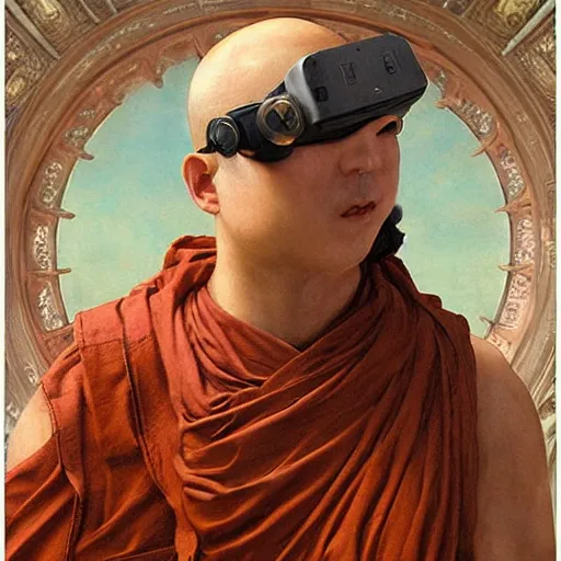 Prompt: buddhist monk blindfolded with high - teh vr steampunk headset armour baroque style, painting by gaston bussiere, craig mullins, j. c. leyendecker, lights, art by ernst haeckel, john william godward, hammershøi,