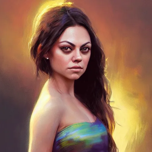 Image similar to closeup portrait of mila kunis as a beautiful radiant queen, crown, serene colors, lake background, complimentary contrast, dramatic lighting, masterpiece, high contrast, painted by stanley lau, painted by greg rutkowski, painted by stanley artgerm, digital art, trending on artstation