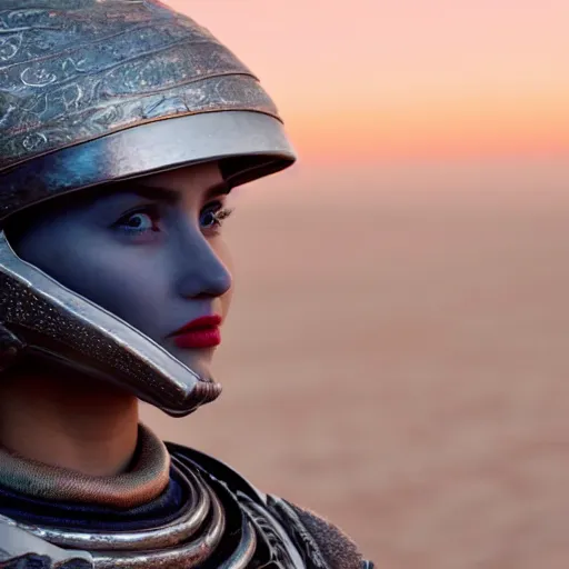 Prompt: beautiful Fine art photo of a young woman wearing a futuristic electronic mayan helmet, photorealistic, high quality, sunset lighting, in the movie Dune, 8k