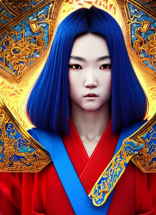 Prompt: fu manchu martial artist!!!! asian facial features and blue eyes!! intricate ornate blue robes!! character concept art, sharp focus, octane render! unreal engine 5! highly rendered!! trending on artstation!! detailed linework!! illustration by artgerm, wlop, and chie yoshii