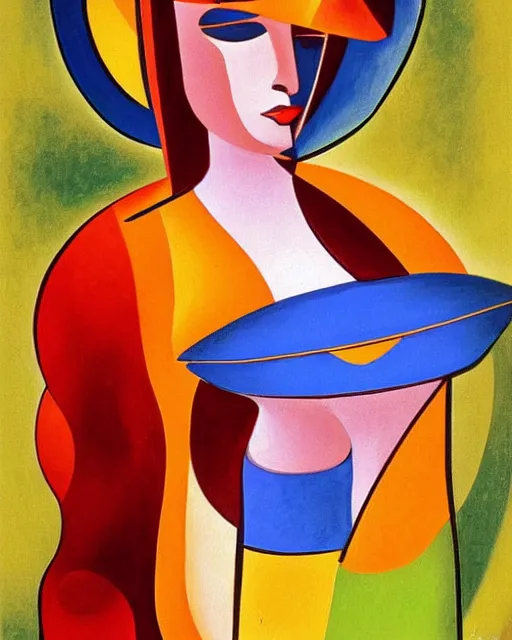 Image similar to a painting of a woman wearing a hat, an art deco painting by auguste herbin, featured on deviantart, qajar art, fauvism, art deco, egyptian art