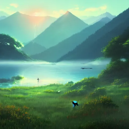 Prompt: beautiful lakeside scene with forest and mountains and birds in the air, sunbeams colorful foggy by makoto shinkai, ross tran