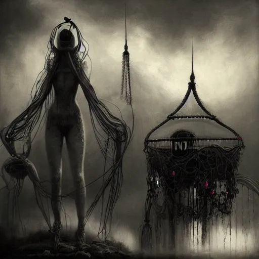 Prompt: By Tom Bagshaw, ultra realist soft painting of curiosities carnival by night, very beautiful bodysuit multiples thin tentacles cables, symmetry accurate features, very intricate details, ominous sky, black and white, volumetric light clouds