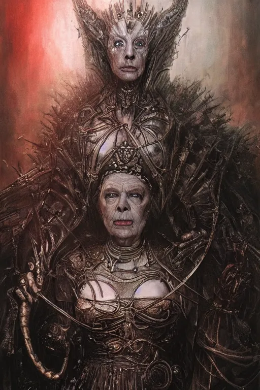 Prompt: portrait of queen elizabeth the first by hr giger, greg rutkowski, luis royo and wayne barlowe as a diablo, resident evil, dark souls, bloodborne monster