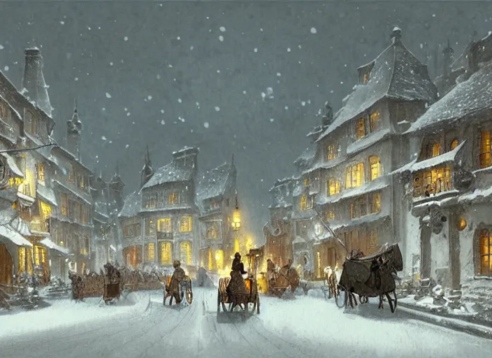 Image similar to a night scene of a snowy town with a horse drawn carriage, a detailed matte painting by anton pieck, deviantart contest winner, fantasy art, concept art, official art, matte drawing