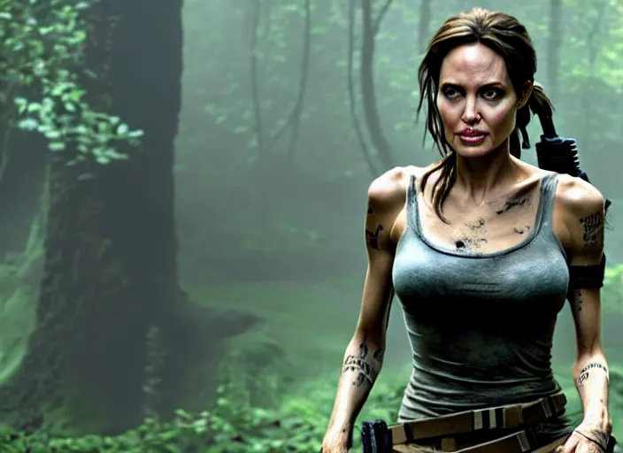 Image similar to film still of!!!! angelina jolie!!! as lara croft in new tomb raider movie, 8 k