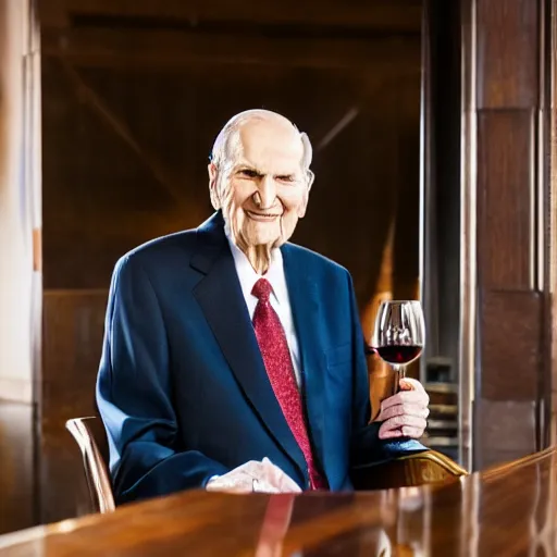 Image similar to photo of Russell M Nelson in a suit having a drink of wine, pr photo shoot, pristine and clean, 85mm lens,