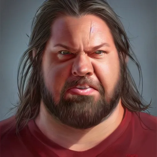 Image similar to portrait of a half fatman half pig with long hair tied in a ponytail, light stubble with red shirt ,digital art,photorealistoc,art by greg rutkowski,hyperdetailed,western comic style,comic,comic style,sharp lineart,professional lighting,deviantart,artstation,trevor henderson,rossdtaws,cinematic,dramatic