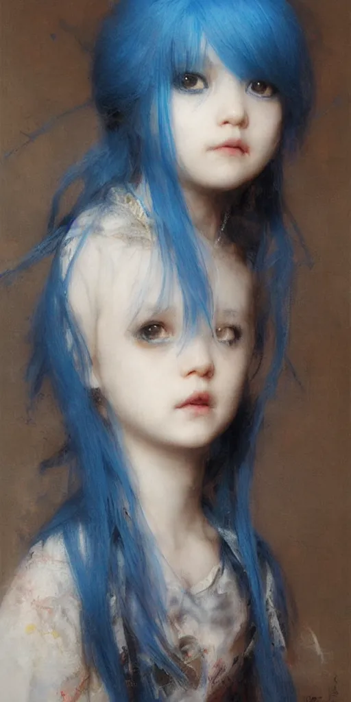 Image similar to little girl with blue hair. By Ruan Jia. Ayami Kojima. Masterpiece