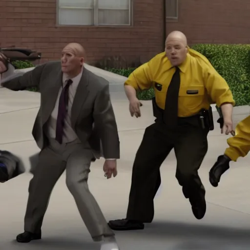 Image similar to Live Action Still of The Three Stooges evading the cops in Breaking Bad, real life, hyperrealistic, ultra realistic, realistic, highly detailed, detailed, very detailed, cool, ultra detailed, very realistic, trending on artstation, epic, HD quality, 8k resolution, body and headshot, film still, real, detailed faces, very detailed faces, real life