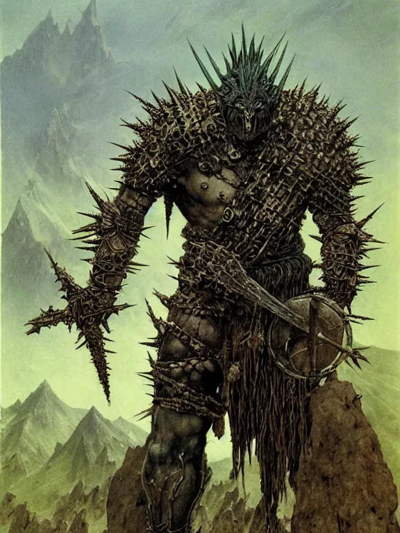 Prompt: A powerful large orc with pale skin covered in scars stands near the mountains, wearing spiky complex detailed armor without a helmet. Extremely high detail, realistic, fantasy art, scars, solo, masterpiece, saturated colors, art by Zdzisław Beksiński, Arthur Rackham