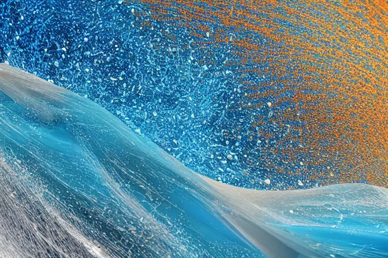 Image similar to big ocean wave of water particles, light blue, yellow orange, and light brown colors, white foam, splash, complex curl noise, vortex, simulation, reflection, featured on behance, uhd image, media art, motion graphic, particles, fluids, 3 d, rendering, octane