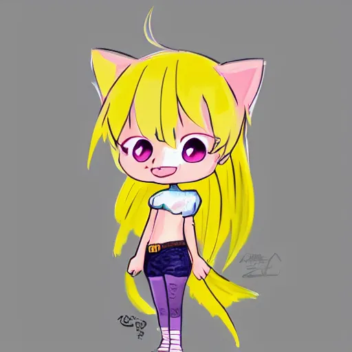 Prompt: full body character concept art of a little cat girl with yellow hair and blue eyes in chibi style