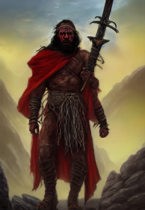 Prompt: a solitary randy savage wearing a colourful heavy cloak alone full body rocky desolate wasteland fire lit | portrait | fantasy impressionist oil painting | matte painting | matte drawing | middle earth | pathfinder | artstation deviant art | sword and sorcery | pintrest | conan | darksun | d & d dungeons and dragons | barbarian