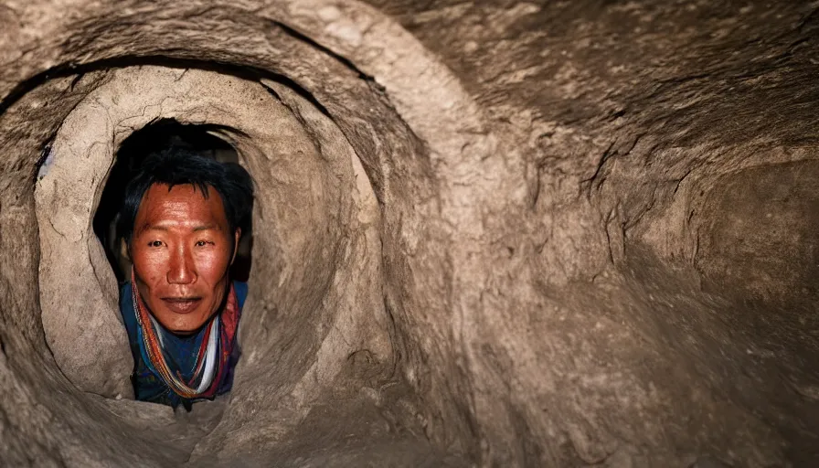Prompt: 1 9 7 0 s movie still of a tibetan man in a barque in a tiny tunnel of flesh, leica sl 2