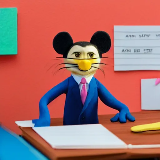 Prompt: a happy and contented cat wearing a business suit, sitting behind desk, selling insurance, disney character, cartoonish, colorful, detailed, claymation, dreamlike, felt, wes anderson