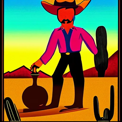 Prompt: cowboy on the range, beautiful New Mexico sunset, cactus, Art Deco, dark deco, award-winning composition, vibrant colors, vivid color, solid coloring, clean lines, clean ink, animated series, by Eric Radomski