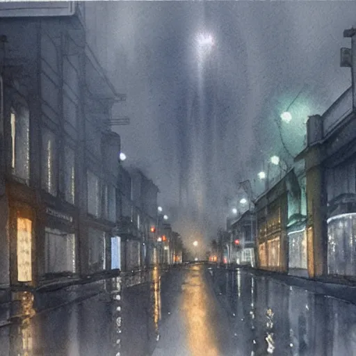 Prompt: A watercolor of an empty Wukang Road in Shanghai, a rainy street with cloudy overcast sky, poignant, high contrast of light and dark, smooth, by Joseph Zbikowicz, 8k