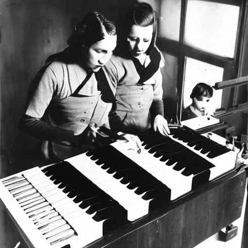 Prompt: penguins building a yamaha keyboard, 1930