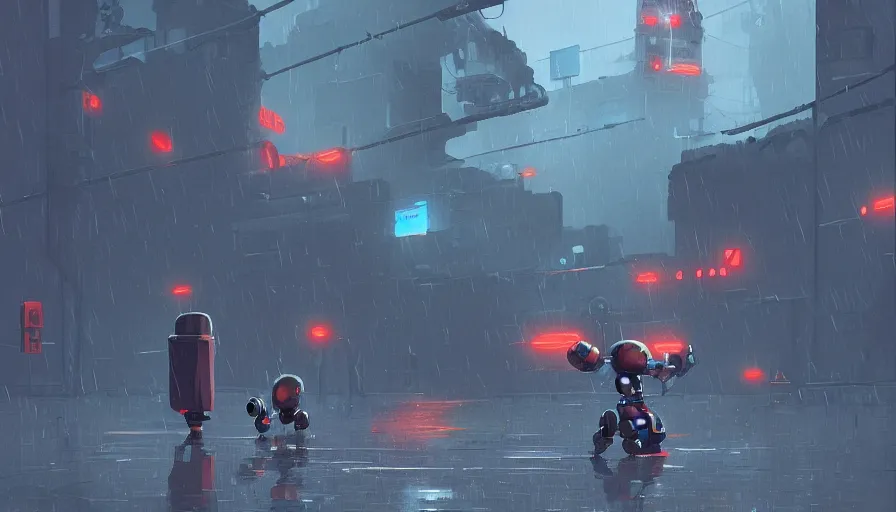 Prompt: a robot fighting a golem in the rain, sharp focus, james gilleard, cinematic, game art, extremely detailed digital painting, print