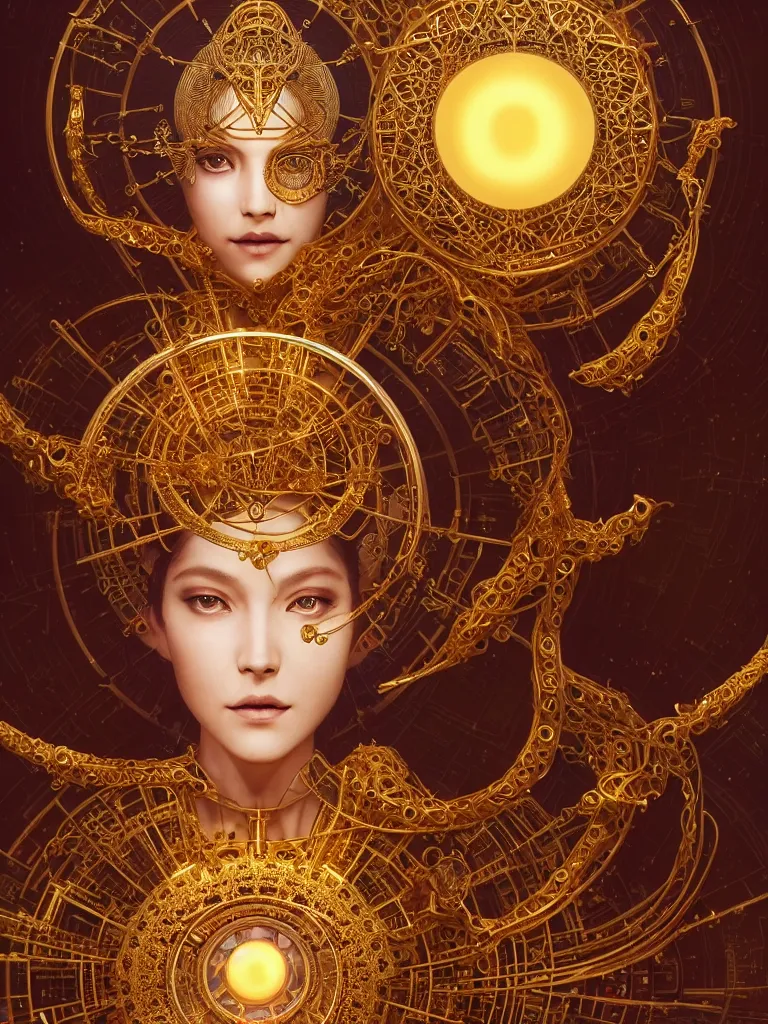 Prompt: 3 / 4 view of the beautiful goddess of creation staring intently at the camera in a golden gawn made of hexagons, a silver gorgon medallion in her chest, a giant mechanical clockwork planetarium in the background, triangular patterns, golden lights, art by guweiz, intricate, elegant, highly detailed, smooth, sharp focus, artstation