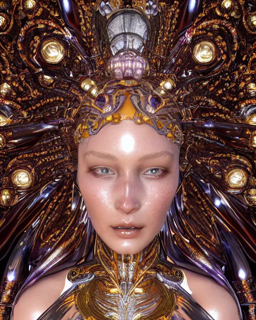 Image similar to a highly detailed metahuman 4 k close up render of an alien goddess bella hadid monument renaissance in iris van herpen dress schiaparelli in diamonds crystals swarovski and jewelry iridescent in style of alphonse mucha gustav klimt trending on artstation made in unreal engine 4